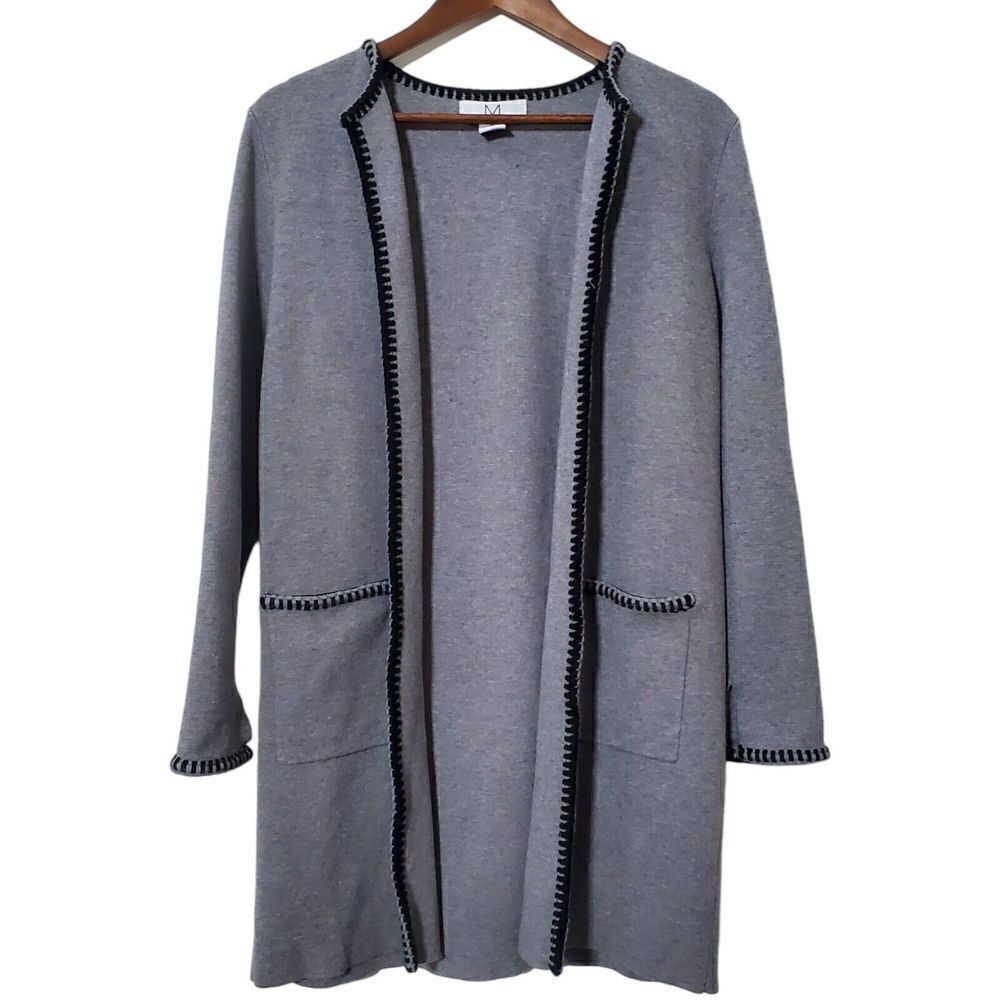 M Magaschoni Longline Cardigan Duster Sweater Size M Gray Contrast Stitch Womens